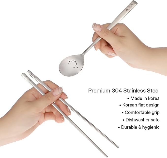 Korean Smile Spoon and Chopsticks Set, Stainless Steel, Hangul Engraved | Gift ready palace inspired box, made in Korea