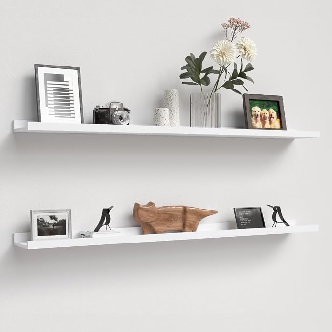 Boswillon Floating Shelves Set of 2, Long Wall Shelf with Lip, 48in, White | Display Ledge Shelf for Room Wall, Wall Decor Shelves for Bathroom, Living Room, Bedroom, Kitchen, Nursery Room, Modern, Wood
