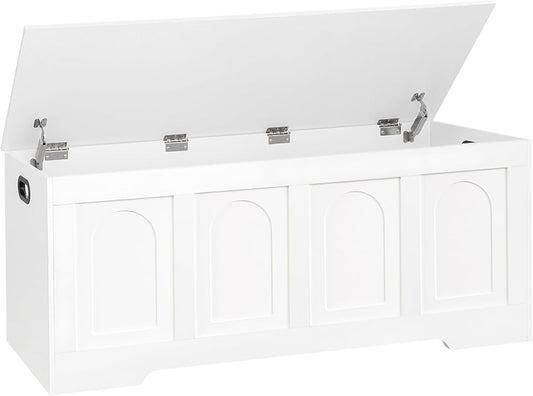 Storage Chest, Wooden Toy Box, White 47.2" L | Entryway Shoe Bench, 2 Soft-close Hinges, Finger-safe Flip-Top Lid, Easy Assembly, Farmhouse Large Trunk, Living Room/Bedroom