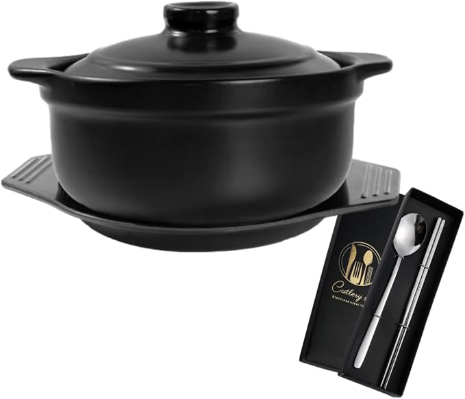 40 oz Ceramic Korean Stone Pot with Lid and Trivet Clay Pot for Cooking | Ceramic Sizzling Hot Pot for Bibimbap Black Korean Cooking Pot for 1-2 People for Kimchi Stew, Hot Pot