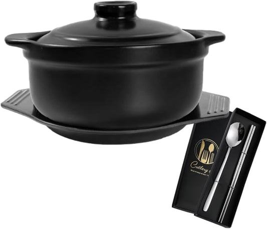 40 oz Ceramic Korean Stone Pot with Lid and Trivet Clay Pot for Cooking | Ceramic Sizzling Hot Pot for Bibimbap Black Korean Cooking Pot for 1-2 People for Kimchi Stew, Hot Pot