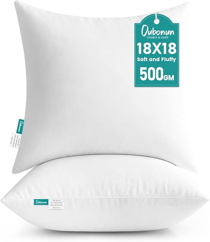 Oubonun 18 x 18 Throw Pillow Inserts | Soft, Plush & Decorative Down Alternative Pillows for Couch Sofa Bed, Machine Washable - White, Pack of 2