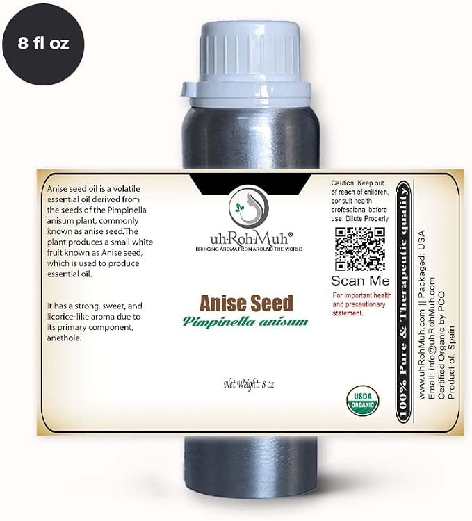Anise Seed Organic Essential Oil - Steam Distilled Pure Pimpinella Anisum Oil for Aromatherapy, Diffusers, Soap Making, Candle Making, Cosmetic Formulations Massage DIY Personal Care - Spain - 8 Fl Oz