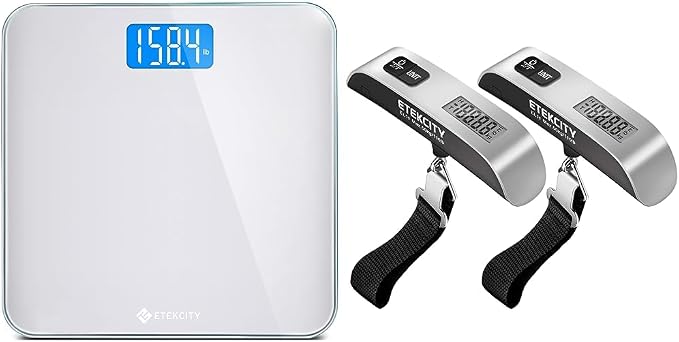 Etekcity Scale for Body Weight, Digital Bathroom Weighing Machine & Luggage Scale, Digital Weight Scales for Travel Accessories Essentials, Portable Handheld Scale with Temperature Sensor