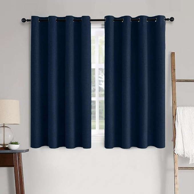 MIULEE Linen Textured Curtains for Bedroom Solid 100% Blackout Thermal Insulated Midnight Blue Grommet Room Darkening Curtains & Drapes Luxury Decor for Living Room 52 x 45 Inch (2 Panels)