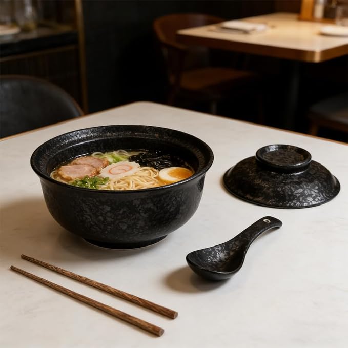 25 Oz Black Microwavable Ramen Bowl with Lid, Spoon & Chopsticks - Large Ceramic Japanese Soup Bowl, Korean Style Clay Pot for Noodles, Soup & Rice