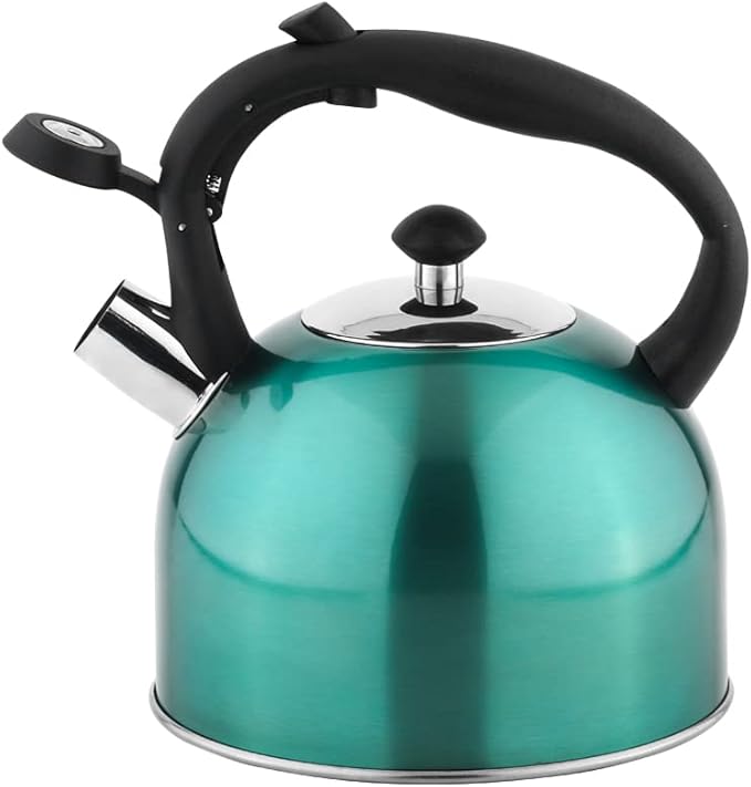 Amazon Basics Stovetop Whistling Tea Kettle, Fast Boiling, Stainless Steel, Food Grade, Ergonomic Handle, 2.3 Liter, Teal