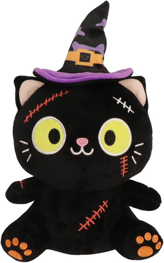Halloween Plush Toy, Black Cat Stuffed Animal Plush Pillow, with Hat & Stitched Wound Halloween Plushies Toys for Adults and Kids, Birthday Party Favor Home Decor