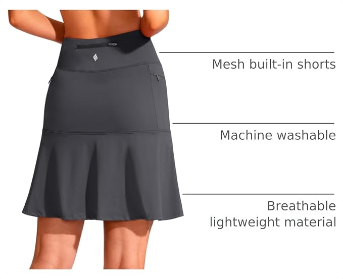 19" Ruffled Golf Skirts for Women | 3 Zipper Pockets, Knee Length, High Waisted, Long Skorts for Athletic, Casual, Tennis, Pickleball