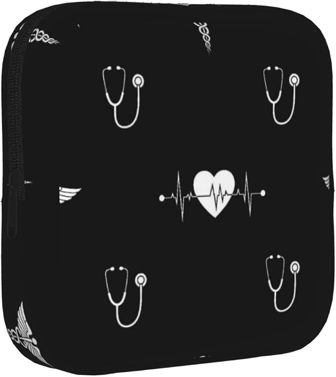Multifunctional Feminine Care Pouch Love Heart Nurse Heartbeat Black And White, Reusable Polyester Tampon Storage Bag, Fits Inside Purse for Travel Camping