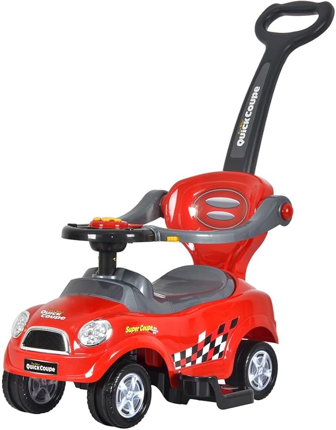 ChromeWheels 3 in 1 Ride on Push Car for Toddlers with Removable Handle/Guardrails/Pedal, Horn, Music, Under Seat Storage (Red)