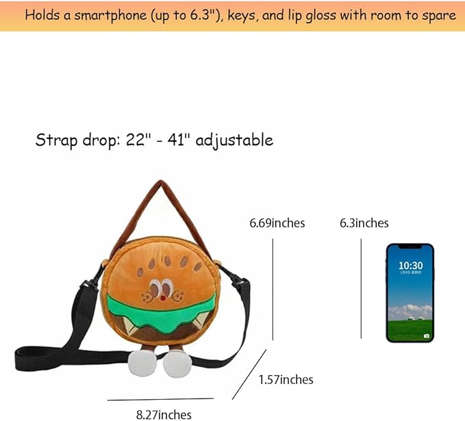 Hamburger Style Crossbody Purse for Girls Teens Women, Kawaii Cute Mini Handbag with Zipper, Plush Stuffed Toy Gift