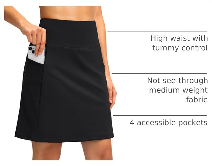 Women's 18" Skorts with 4 Side Pockets High Waisted Long Golf Skirt | Soft, Lightweight, Stretch, Breathable, Mesh Built-in Shorts, Athletic, Tennis, Dressy, Casual