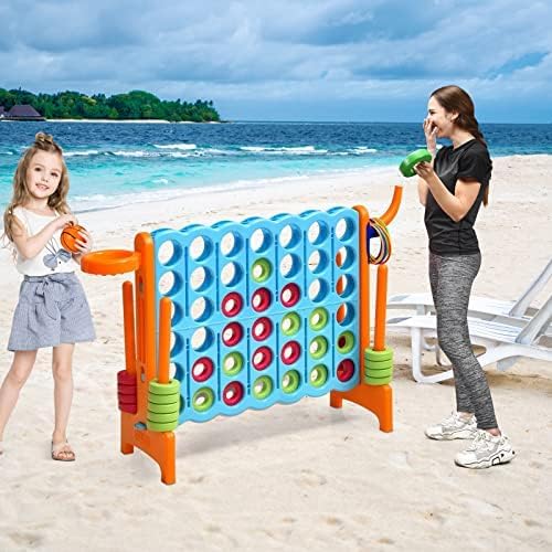 DORTALA Giant 4-in-A-Row, Plastic Jumbo Connect Game Set w/42 Jumbo Rings, Quick-Release Slider, Ring Toss, 2.5Ft Indoor Outdoor 4 to Score Yard Game w/Basketball Hoop