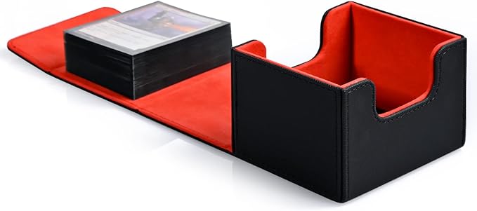ZLCA Card Deck Box with 2 Dividers for MTG Cards, Large Horizontal Card Storage Box Fits 150+ Single Sleeved Cards, PU Leather Commander Deck box for TCG CCG (Black& Red)