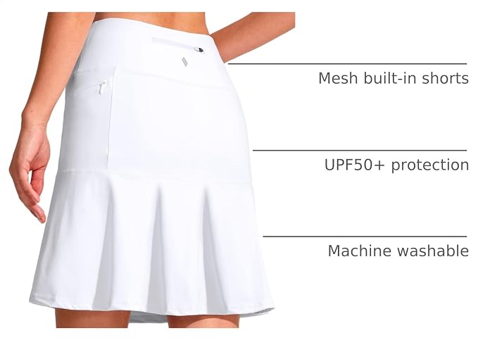 19" Ruffled Golf Skirts for Women | 3 Zipper Pockets, Knee Length, High Waisted, Long Skorts for Athletic, Casual, Tennis, Pickleball
