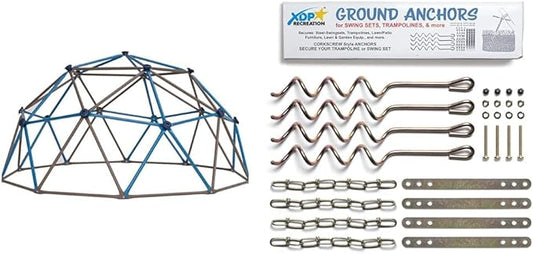 Lifetime 90939 Geometric Dome Climber Jungle Gym, 4.5' High x 9' Wide, Blue & Brown & XDP Recreation 70113 Swing Set, Trampoline, & Patio Furniture Metal Ground Anchor Kit Hardware,Bronze