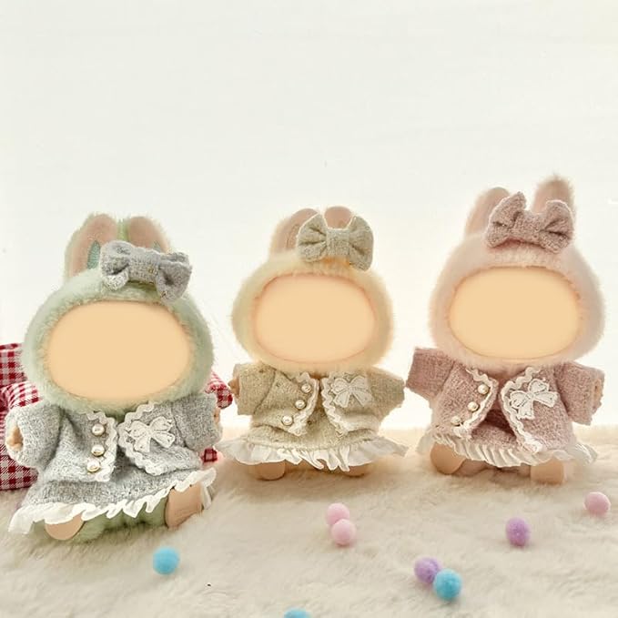 [3 in 1] 17cm Doll Clothes(NO Doll), Cute Dolls Outfit Accessories Luxury Style with Pink Tweed Fabric Pearl Buttons & Dress Small Kawaii Clothes Set for Dolls (Style 9)