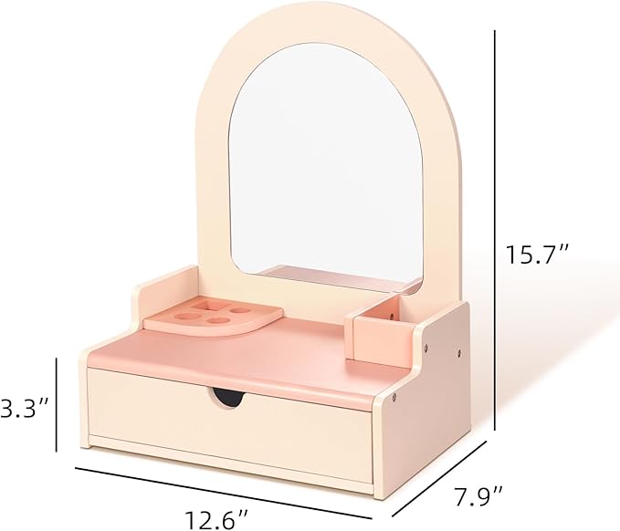 OOOK Wooden Vanity Makeup Table for Kids, Toddler Pretend Play Dressing Table with Mirror & Drawer, Vanity Toy with 10 Pcs Accessories, Gift for Little Girls Age 3+