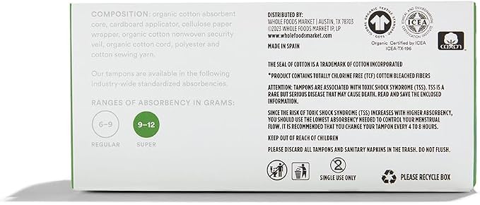 365 by Whole Foods Market, Tampons with Cardboard Applicators, Super Absorbency, Made with Organic Cotton, Unscented, 14 Count