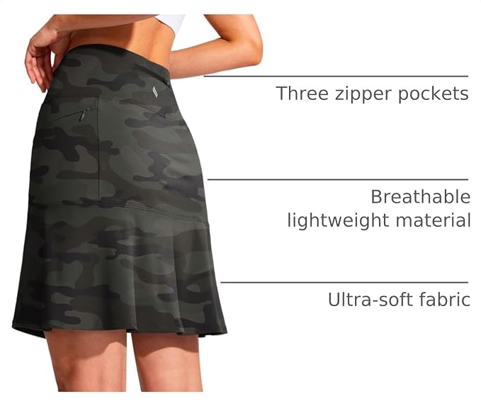 19" Ruffled Golf Skirts for Women | 3 Zipper Pockets, Knee Length, High Waisted, Long Skorts for Athletic, Casual, Tennis, Pickleball