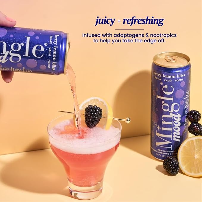 Mingle Mocktails Berry Lemon Bliss, Nootropic Non Alcoholic Drinks with Ashwagandha, L-Theanine, Lion's Mane, Adaptogens, Alcohol Alternative Pre-Mixed Mocktails, Gluten Free Vegan, 24 Pack 12 fl oz
