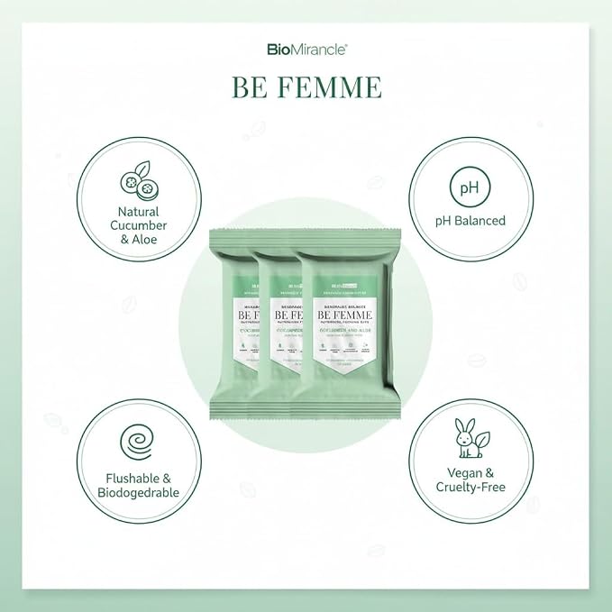 BioMiracle BE FEMME Refreshing Feminine Wipes (3-Pack, 90 Total Sheets) Cucumber & Aloe, Menopause Balance, pH Balanced, Flushable, Vegan & Cruelty-Free