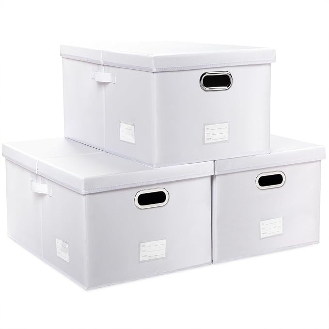 Collapsible Storage Box with Lid [3-Pack] Leather Fabric Foldable Storage Bin Organizer Container Basket Cube with Cover for Home Bedroom Closet Office Nursery White(22.8X15.7X11.8)