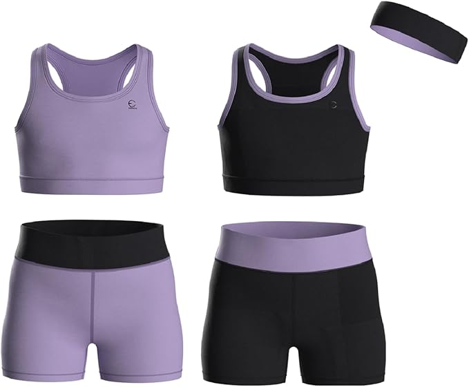 Girls Clothing Athletic Sets Sleeveless Crop Tank Tops & Bike Shorts Cheer, Gymnastics, Volleyball Size 3-16 (5 Pcs)