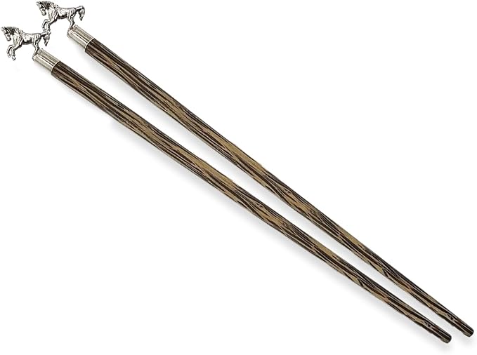 Wooden Chopsticks 9⅞" Long Coconut Palm Wood Chopstick With Metal Horse Top Eating Utensils Oriental Cutlery Asian Tableware Decorative Dinnerware to Serve Chinese Japanese Korean Food