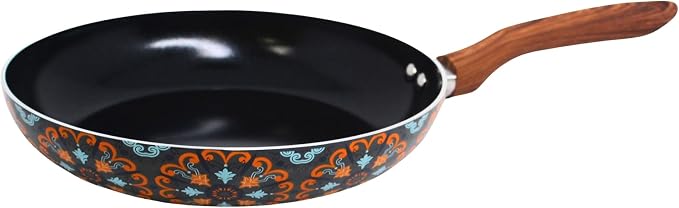 IMUSA 10 Inch Talavera Aluminum Black Ceramic Fry Pan with Woodlook Handle | Ceramic Nonstick, Glass Lid with Helper Handle, Deep Sauté Pan, Ideal for Family Cooking