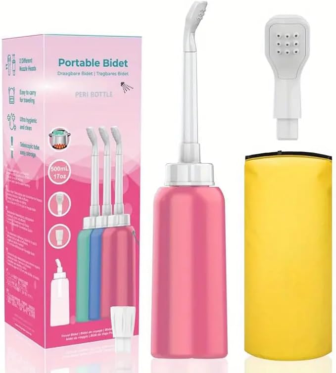 Wolfbeam The Original XL Butt Shower Portable Bidet, Pink, 500ml | 17oz, 2 Nozzle, Scalable Tube, Travel Bidet Douche Bottles for Women, Peri Bottle Postpartum for Feminine Care