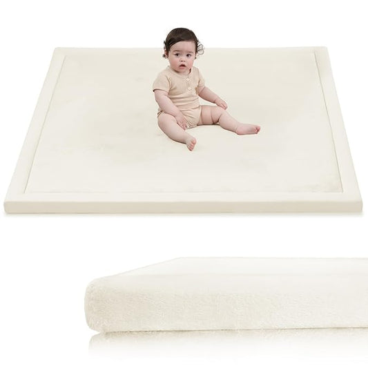 Huloo Sleep Ultra Soft Baby Play Mat for Floor, 1.3" Thick Elasti-Foam 59x59 Play Mat for Playpen,Water-Repellent Coral Velvet for Tummy Time, Non-Slip Backing,Safe for Toddlers & Infants（Cream）