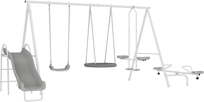 Outsunny Swing Set for Backyard, 5 in 1 Outdoor Playset for Kids with Heavy-Duty A-Frame Stand, 29.5" Saucer Swing, Slide, Teeter-Totter, Glider, 693 Lbs Load, Gray