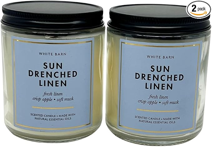 Bath & Body Works Sun Drenched Linen 1-Wick Scented Candle with Natural Essential Oils 7oz - Pack of 2