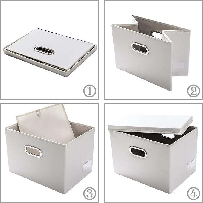 Large Stackable Storage Bins with Lids [3-Pack] Leather Fabric Foldable Storage Boxes Organizer Containers Baskets Cube with Cover for Bedroom Closet Office Nursery White (17.7x11.8x11.8)