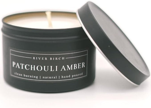 River Birch Candles Patchouli Amber Scented Candle | Premium, All-Natural, Non-Toxic, Soy Candles | 8 oz. Black Matte Tin Travel Candle | Cozy Relaxing Gifts for Home