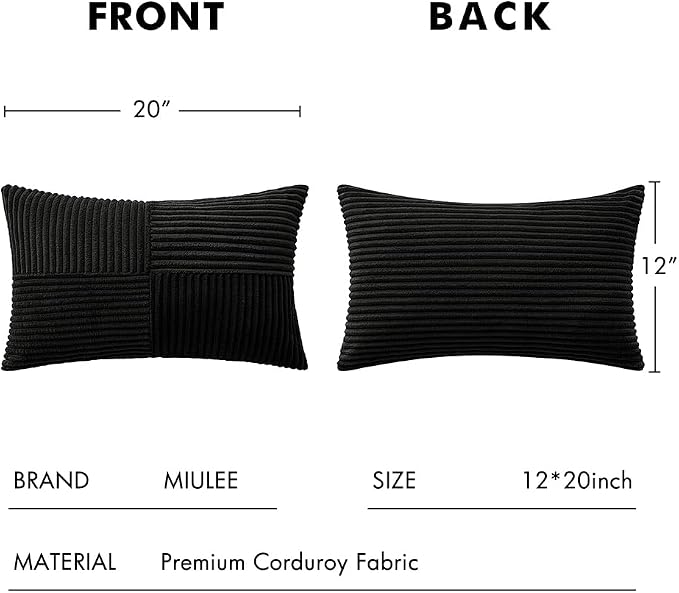 MIULEE Black Decorative Lumbar Throw Pillow Covers 12x20 Inch 2 Pack | Boho Farmhouse Pillow Covers, Soft Cross Corduroy Patchwork Textured Cushion Cases For Bed Sofa