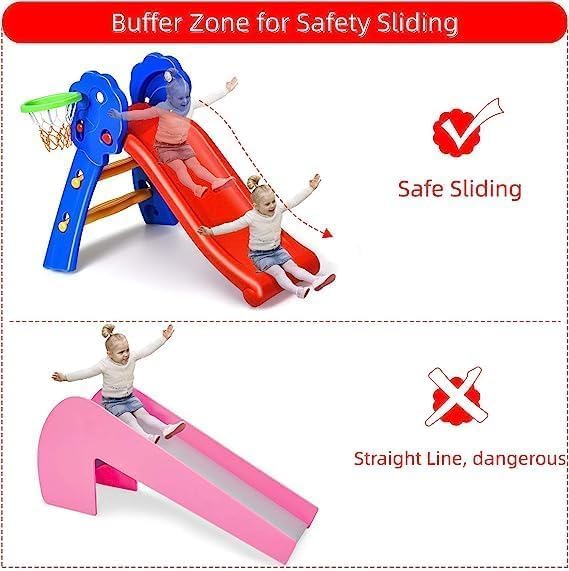 KOTEK Folding Toddler Slide for Indoor and Outdoor, Freestanding Plastic Baby Slide Climber Playset, Easy to Store, Anti-Slip Steps, Kids Playground Toy Ages 3-5 (Blue with Basketball Hoop)