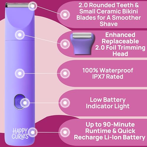 HAPPY CURVES Talc-Free Anti-Chafe Comfort Powder (Tahitian Vanilla) & Smoothie 2.0 Waterproof Bikini Trimmer (Berry) Bundle - Intimate Care for Women