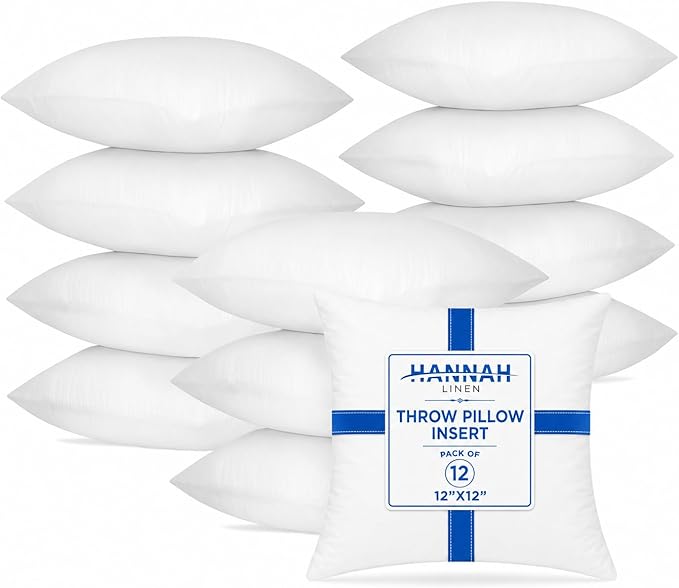Hannah Linen Throw Pillow Inserts 12x12 – 12 Pack Square Decorative Pillow Insert for Couch, Sofa & Bed, Soft Fluffy Polyester Filled Cushion Stuffers, Indoor Home Decor Pillows