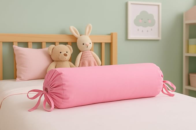 Cylindrical Pillow Bolster Cover Cervical Neck Roll Cotton Pillowcase with Drawstring Closure Neck Cushion Cover 6" x 18" (15 x 45 cm) Baby Pink