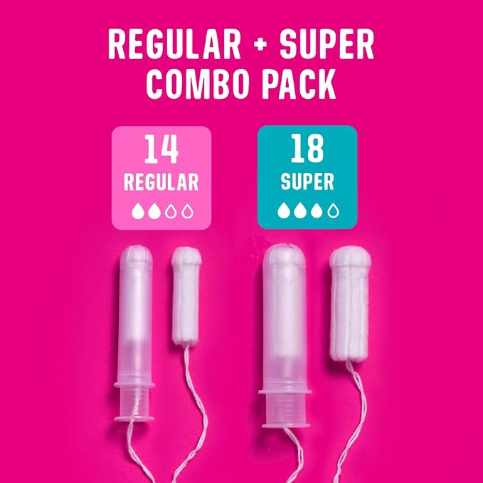 Flo - Organic Cotton Tampons for Women - 32 Pack (14 Regular, 18 Super) - Leak Proof - No Synthetic Fibers, Chlorine Bleach, Added Dyes - Bio-Plastic Applicator - Feminine Care - Vegan & Cruelty Free