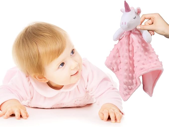 CREVENT Cozy Plush Baby Security Blanket Loveys for Baby Girls, Minky Dot Front + Sherpa Backing with Animal Face (Pink Unicorn + Tag)