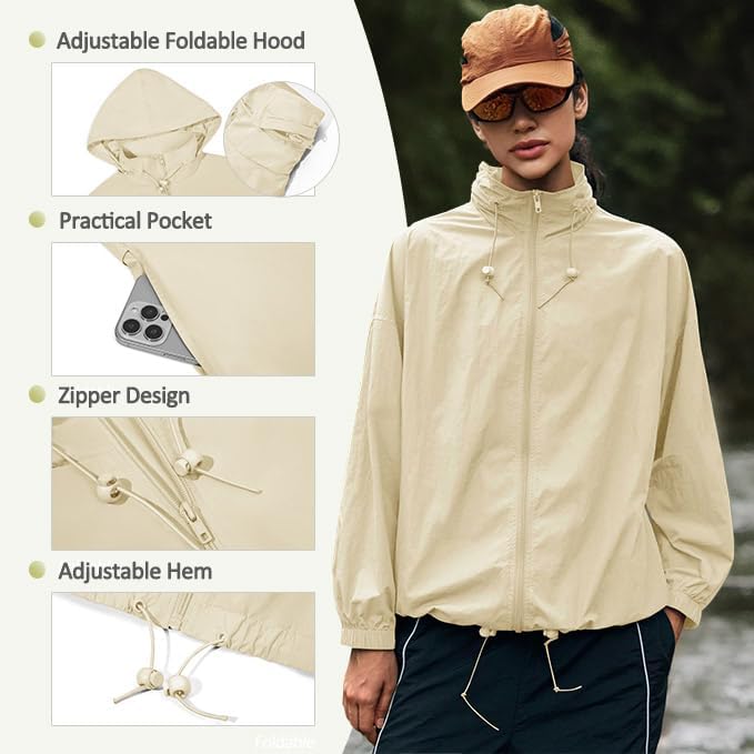 Yousify Womens Waterproof Rain Jackets Lightweight Zip Up Raincoat Outdoor Hiking Hooded Windbreaker with Pocket