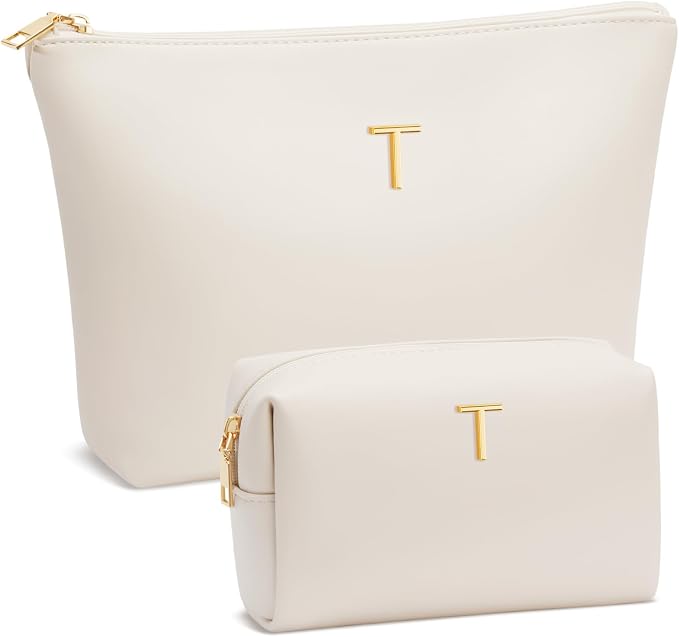 Women Gifts | Initial Makeup Bag for Girl Personalized Gifts for Bridesmaid Friend PU Leather Cosmetic Travel Toiletry Bag(Beige,T)