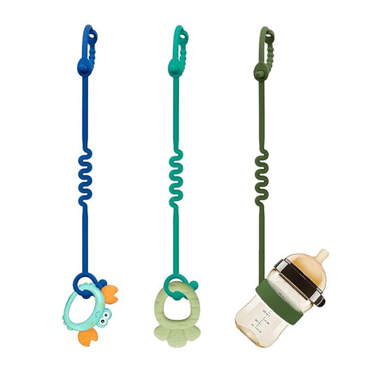 Toy Straps for Baby – 3 Pack Adjustable Silicone Toy Straps for Baby and Sippy Cup Straps for Strollers, High Chairs, Cribs, Car Seats, Food Grade Silicone, BPA Free (Spearmint+Blue+Olive)