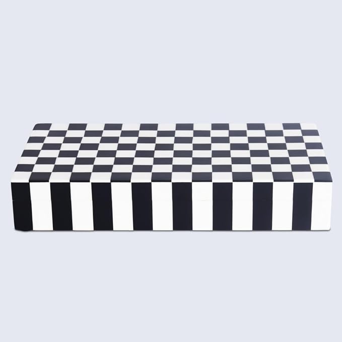 Handicrafts Home Large Decorative Storage Box with Lid, Black and White Coffee Table Storage Box, Remote Control Holder, Keepsake Storage Box for Living Room & Shelf Decor, Puzzle Check 12x6x2