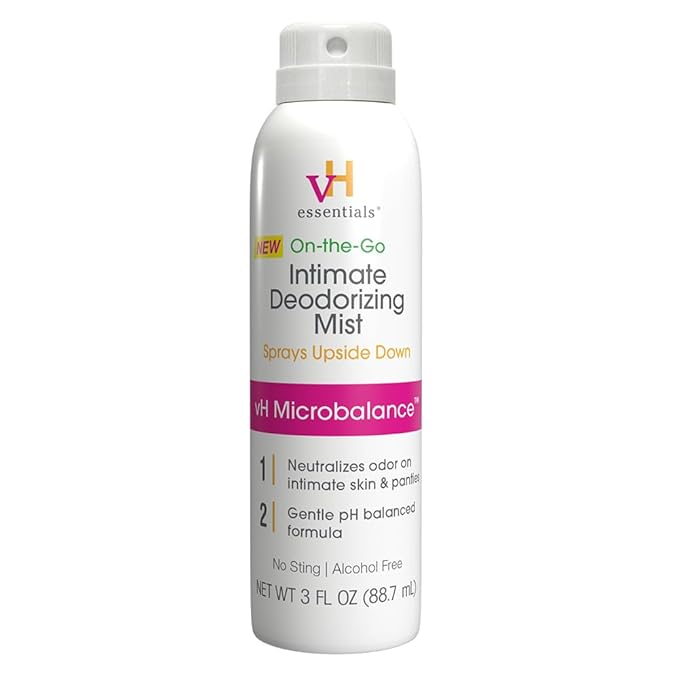 vH essentials Feminine Spray, Intimate Deodorizing Mist, Gentle Odor Eliminating Ph Balanced Formula, Sting Free, Alcohol free, Continuous Spray, 3 floz.