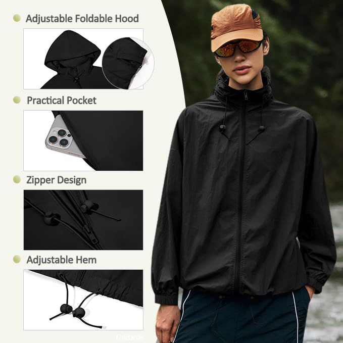 Yousify Womens Waterproof Rain Jackets Lightweight Zip Up Raincoat Outdoor Hiking Hooded Windbreaker with Pocket